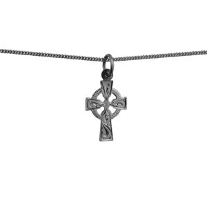 9ct White Gold 16x11mm hand engraved Celtic Cross with a 1mm wide curb Chain