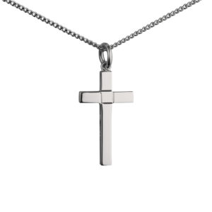 Silver 25x15mm engine turned centre square solid block Cross with a 1.3mm wide curb Chain