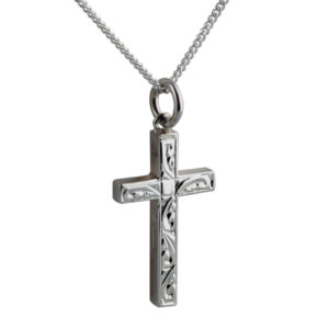 Silver 25x15mm hand engraved solid block Cross with a 1.3mm wide curb Chain