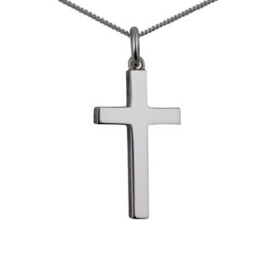 9ct White Gold 25x15mm plain solid block Cross with a 1mm wide curb Chain