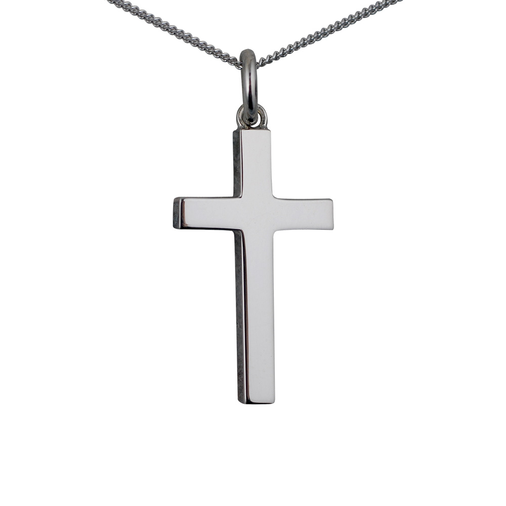 9ct White Gold 25x15mm plain solid block Cross with a 1mm wide curb Chain 18 inches