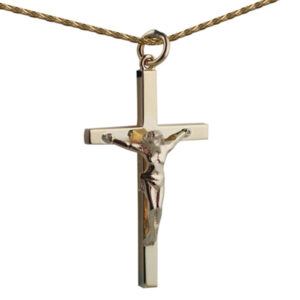 9ct Gold 40x24mm solid block Crucifix Cross with a 1.1mm wide spiga Chain