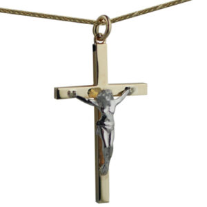 9ct Gold 40x24mm solid block Yellow Cross and White Crucifix with a 1.1mm wide spiga Chain