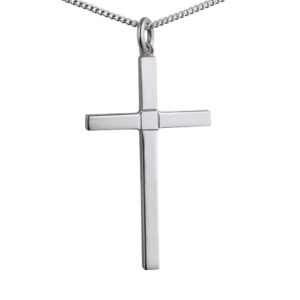 Silver 40x24mm engine turned centre square solid block Cross with a 1.3mm wide curb Chain
