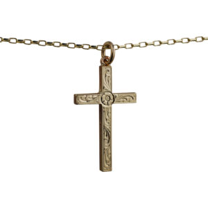 9ct Gold 30x18mm victorian hand engraved solid block Cross with a 1.4mm wide belcher Chain