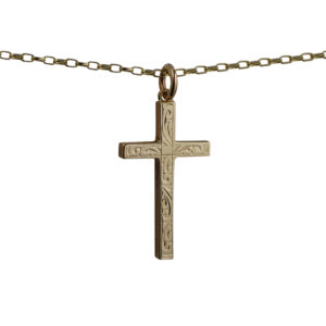 9ct Gold 30x18mm hand engraved solid block Cross with a 1.4mm wide belcher Chain