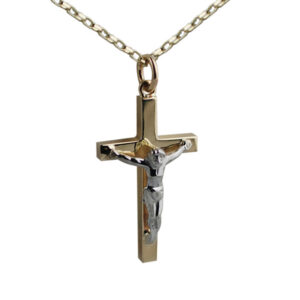 9ct Gold 30x18mm solid block Yellow Cross and White Crucifix with a 1.4mm wide belcher Chain