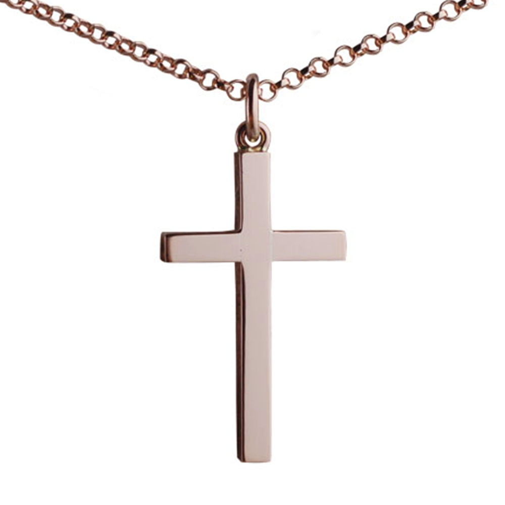 9ct Rose Gold 30x18mm plain solid block Cross with a 2.2mm wide belcher Chain 20 inches