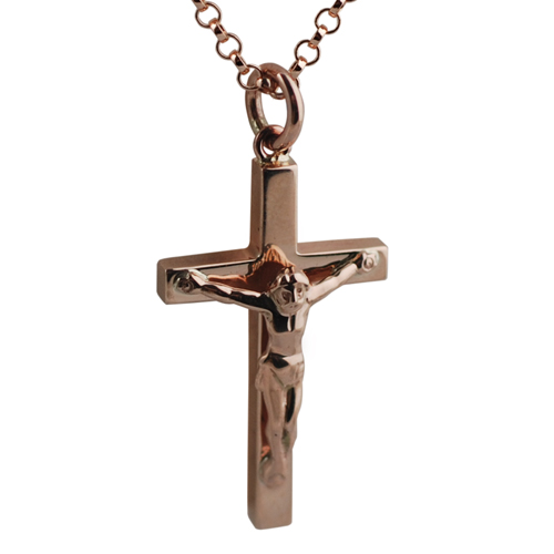 9ct Rose Gold 30x18mm solid block Crucifix Cross with a 2.2mm wide belcher Chain 18 inches