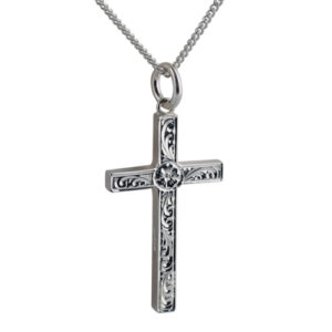 Silver 30x18mm victorian hand engraved solid block Cross with a 1.3mm wide curb Chain