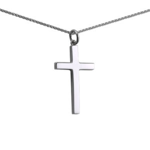 9ct White Gold 30x18mm plain solid block Cross with a 1.1mm wide spiga Chain