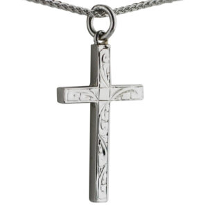 9ct White Gold 30x18mm hand engraved solid block Cross with a 1.1mm wide spiga Chain