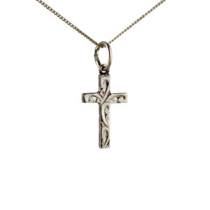 9ct Gold 15x9mm hand engraved solid block Cross with a 0.6mm wide curb Chain