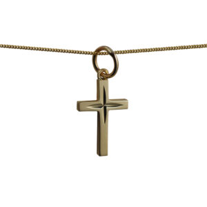9ct Gold 15x9mm diamond cut star solid block Cross with a 0.6mm wide curb Chain