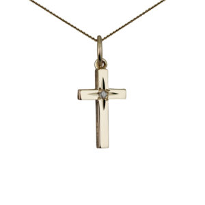 9ct Gold 15x9mm diamond star set solid block Cross with a 0.6mm wide curb Chain