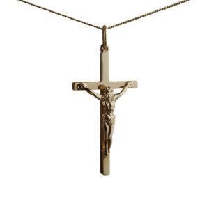 9ct Gold 31x16mm solid block Crucifix Cross with a 0.6mm wide curb Chain