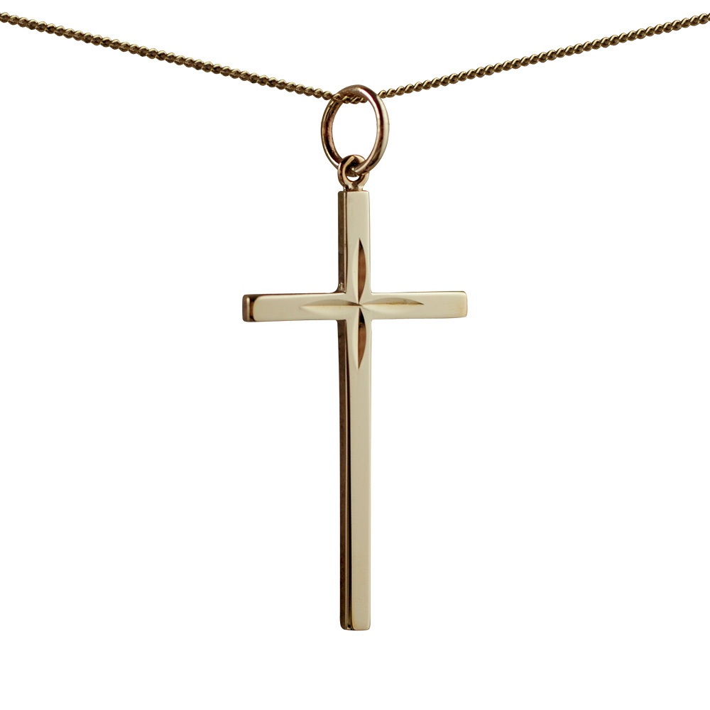 9ct Gold 31x16mm diamond cut star solid block Cross with a 0.6mm wide curb Chain