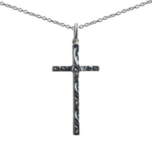 Silver 31x16mm hand engraved solid block Cross with a 1mm wide rolo Chain