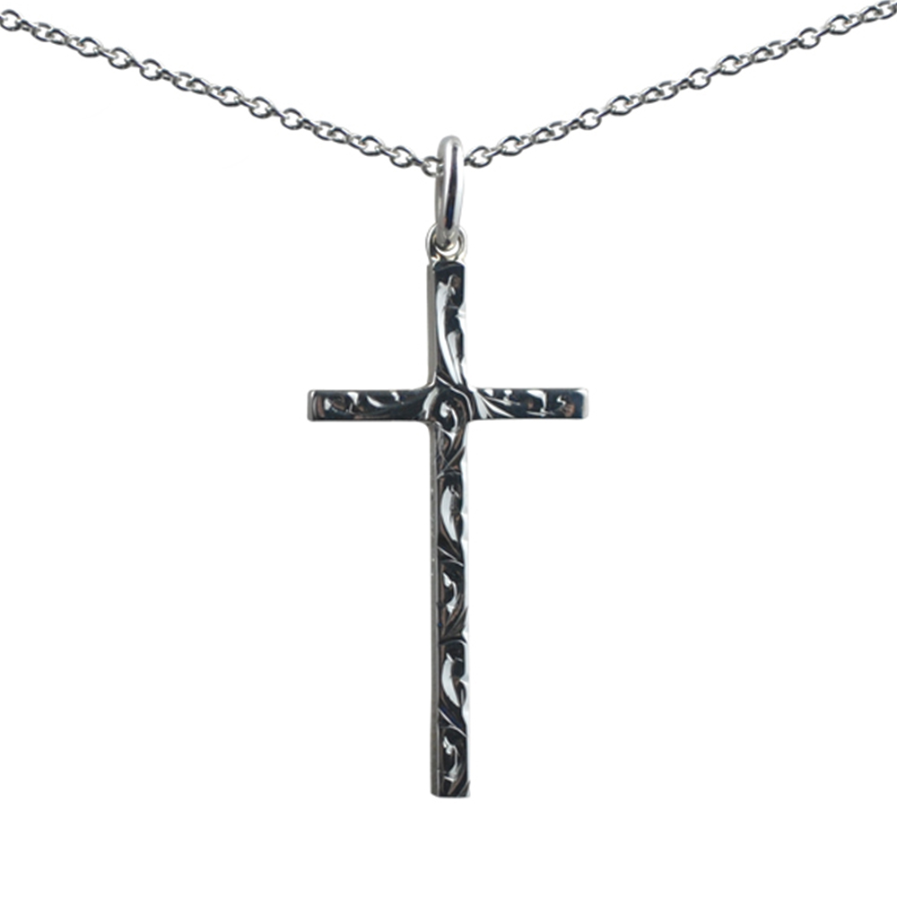 Silver 31x16mm hand engraved solid block Cross with a 1mm wide rolo Chain 24 inches