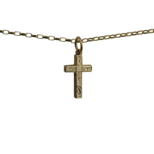 9ct Gold 17x10mm hand engraved solid block Cross with a 1.4mm wide belcher Chain 24 inches