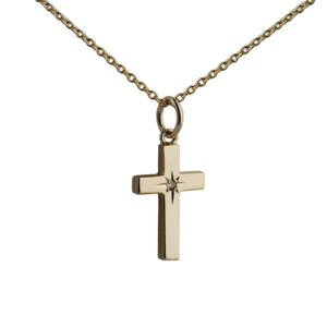 9ct Gold 17x10mm diamond star set solid block Cross with a 1.4mm wide belcher Chain 24 inches