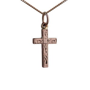 9ct Rose Gold 17x10mm hand engraved solid block Cross with a 1mm wide curb Chain