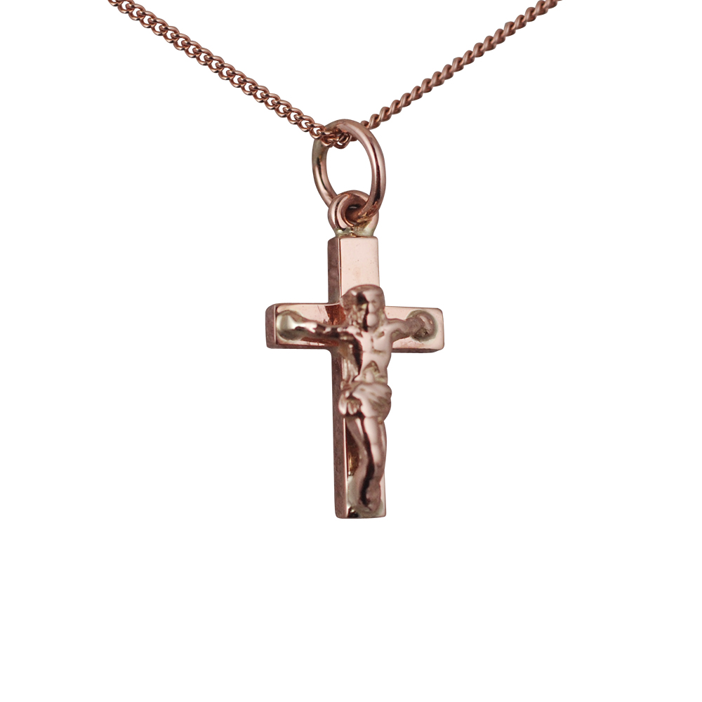 9ct Rose Gold 17x10mm solid block Crucifix Cross with a 1mm wide curb Chain 16 inches Only Suitable for Children