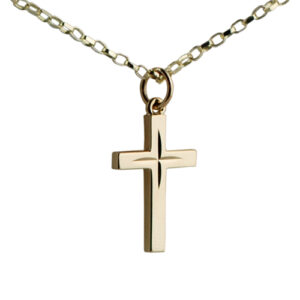 9ct Gold 20x13mm diamond cut star solid block Cross with a 1.4mm wide belcher Chain