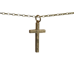 9ct Gold 25x15mm hand engraved solid block Cross with a 1.4mm wide belcher Chain