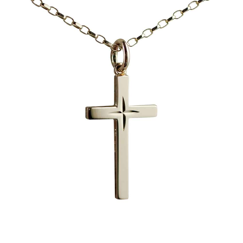 9ct Gold 25x15mm diamond cut star solid block Cross with a 1.4mm wide belcher Chain