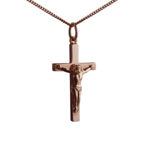 9ct Rose Gold 25x15mm solid block Crucifix Cross with a 1mm wide curb Chain
