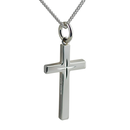 Silver 25x15mm diamond cut star solid block Cross with a 1.3mm wide curb Chain