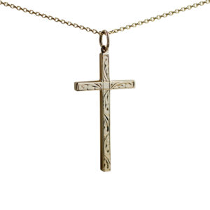 9ct Gold 34x18mm hand engraved solid block Cross with a 1.1 wide cable Chain
