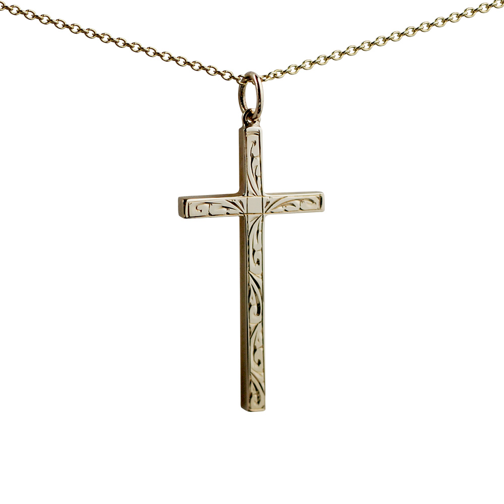 9ct Gold 34x18mm hand engraved solid block Cross with a 1.1 wide cable Chain 20 inches