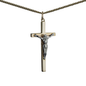 9ct Gold 34x18mm solid block Yellow Cross and White Crucifix with a 1.8mm wide curb Chain