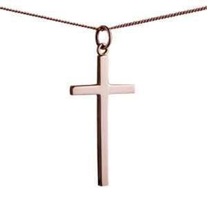 9ct Rose Gold 34x18mm plain solid block Cross with a 1mm wide curb Chain