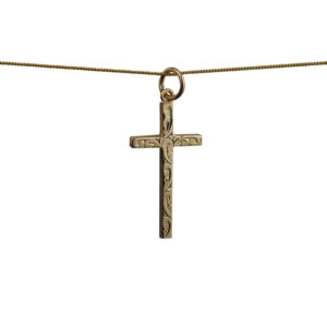 9ct Gold 25x14mm hand engraved solid block Cross with a 0.6mm wide curb Chain
