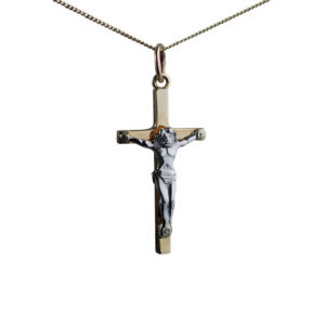 9ct Gold 25x14mm solid block Yellow Cross and White Crucifix with a 0.6mm wide curb Chain
