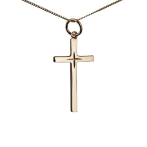 9ct Gold 25x14mm diamond cut star solid block Cross with a 0.6mm wide curb Chain