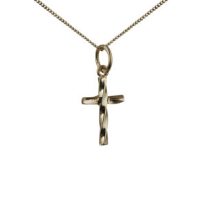 9ct Gold 10x9mm fancy twist Cross with a 0.6mm wide curb Chain