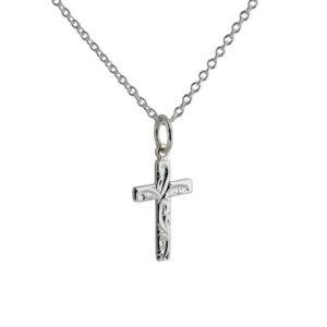 Silver 16x10mm hand engraved flat latin Cross with a 1mm wide rolo Chain