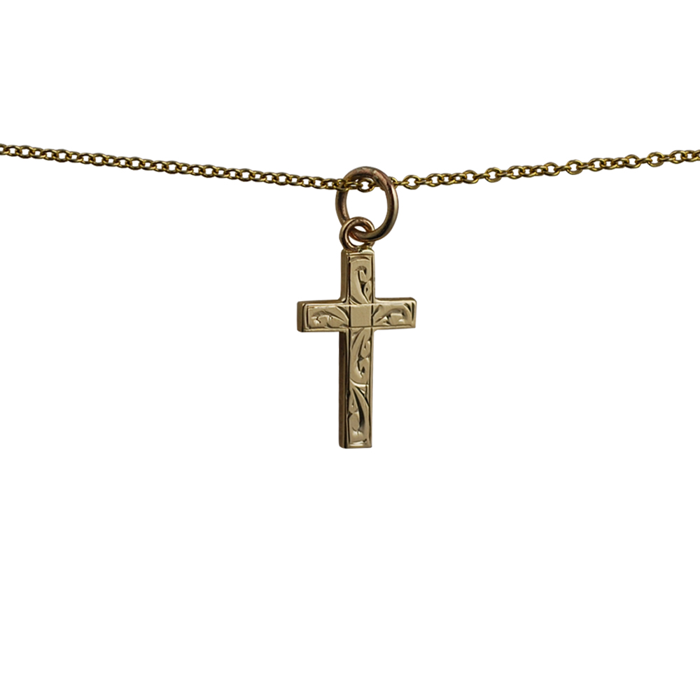 9ct Gold 17x10mm hand engraved solid block Cross with a 1.1 wide cable Chain 20 inches