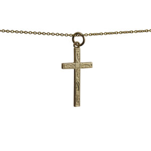9ct Gold 25x15mm hand engraved solid block Cross with a 1.1 wide cable Chain