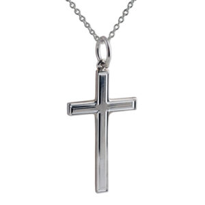 Silver 25x15mm engine turned line border solid block Cross with a 1mm wide rolo Chain