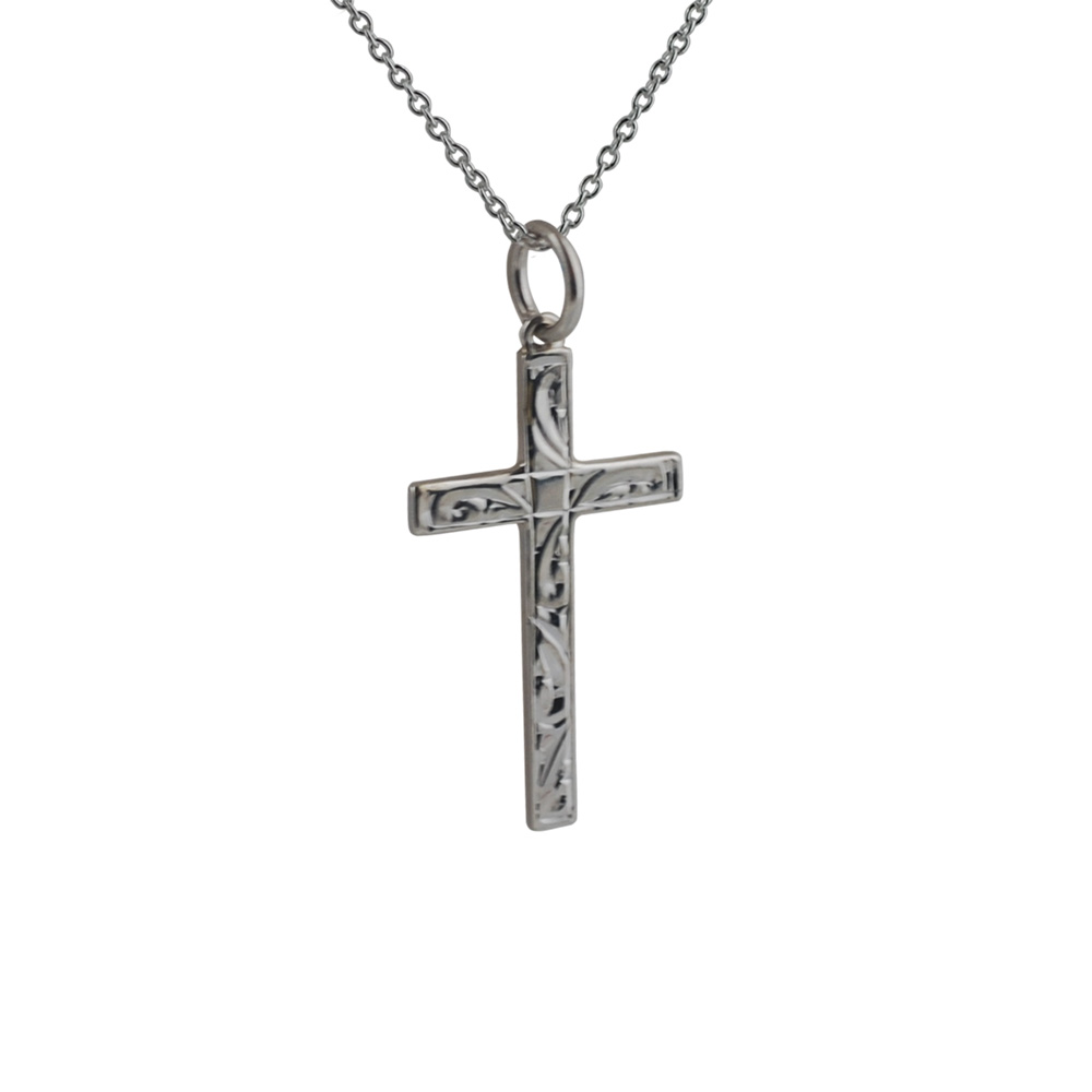 Silver 25x15mm hand engraved solid block Cross with a 1mm wide rolo Chain 24 inches