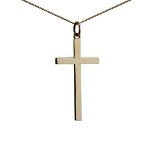 9ct Gold 30x17mm plain solid block Cross with a 0.6mm wide curb Chain
