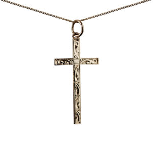 9ct Gold 30x17mm hand engraved solid block Cross with a 0.6mm wide curb Chain