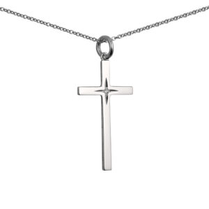 Silver 30x17mm diamond star set solid block Cross with a 1mm wide rolo Chain