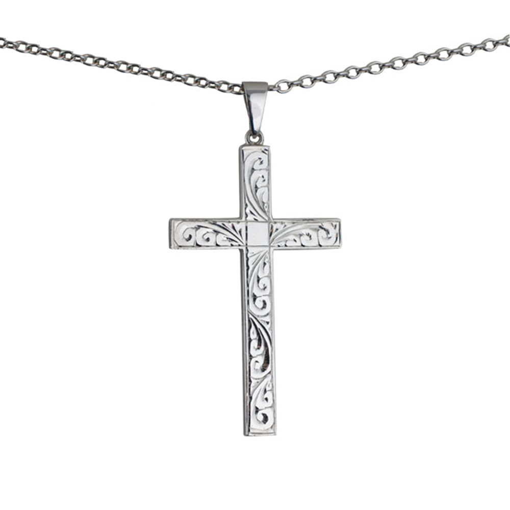 Silver 55x33mm hand engraved solid block Cross on a bail loop with a 2.5mm wide cable Chain