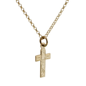 9ct Gold 15x11mm hand engraved flat latin Cross with a 1.8mm wide belcher Chain